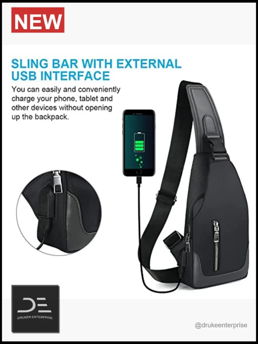 Sling Backpack with USB Charging Port, Oxford Fabric Crossbody Chest Bag for